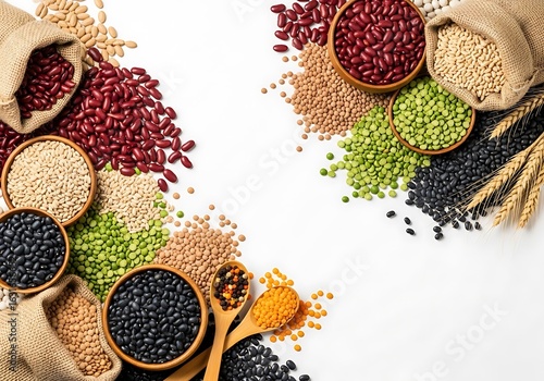 Assortment of legumes and grains in sacks and bowls isolated on white background