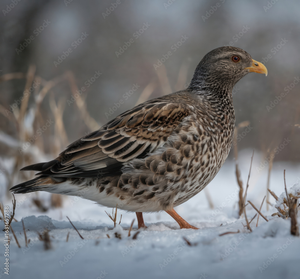 Fototapeta premium Bird, possibly thrush, stands in snow near berry bushes during winter. Plumage shows intricate patterns of brown, white. Background features soft bokeh effect, focusing attention on bird,