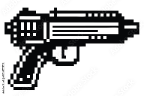 Isolated pixelated blaster features a black and white color scheme against the background