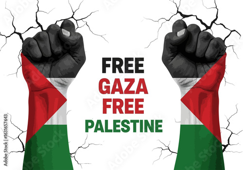 Two fists with palestine flag and text free gaza free palestine isolated on white background