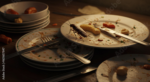 Cockroach Crawling On Dirty Dishes