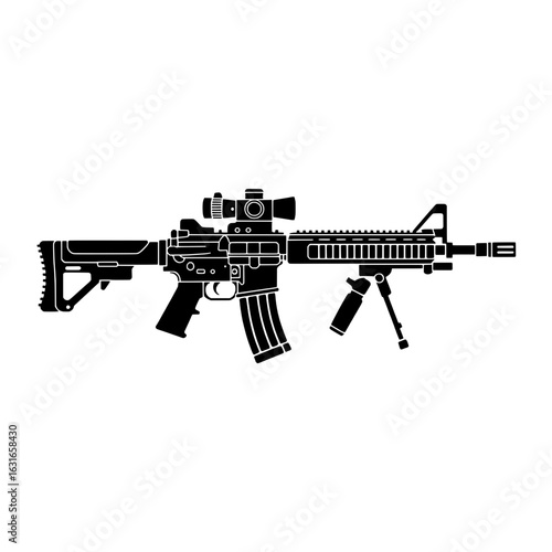 Black and white vector illustration of a modern assault rifle with telescopic sight, bipod, and angled foregrip. Monochrome graphic of military firearm, weapon icon, SVG format.