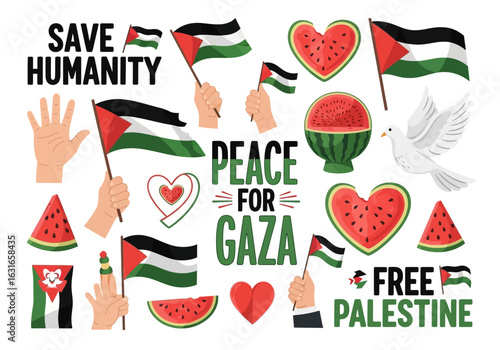 Peace for gaza and palestine save humanity with flags, watermelons, hearts, and doves, isolated on white background