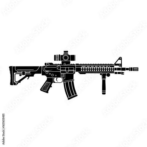 Vector illustration of modern automatic rifle with telescopic sight, adjustable stock, tactical grip and silencer. Monochrome black and white line art drawing of military firearm. Weapon, army, war, g