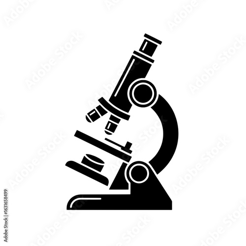 Microscope vector illustration: Monochrome scientific icon, laboratory equipment. Simple black and white graphic of a microscope for research, analysis. Educational, scientific design element.