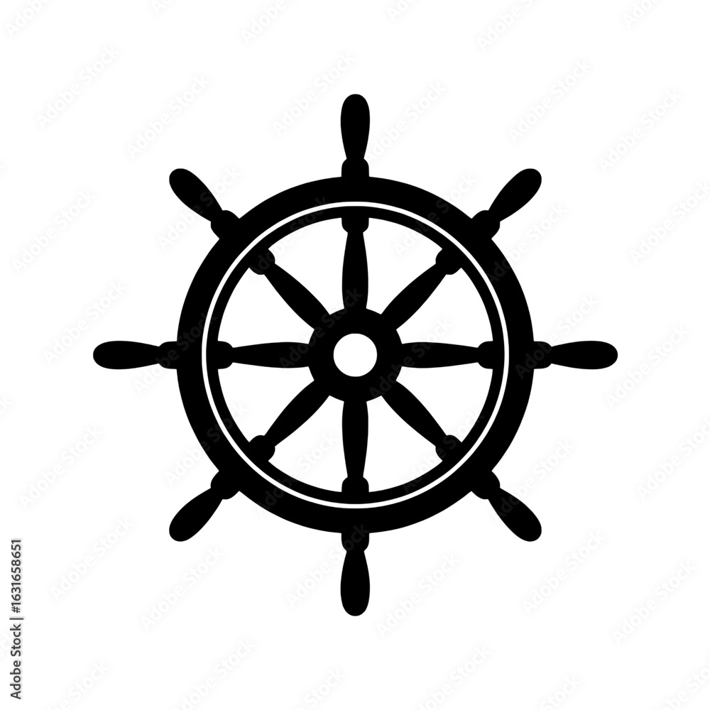 Obraz premium Ship's Wheel Icon: Black and White Vector Illustration of Nautical Steering Wheel. Maritime Symbol - Classic Design for Seafaring, Navigation, and Marine Themes. SVG Graphic