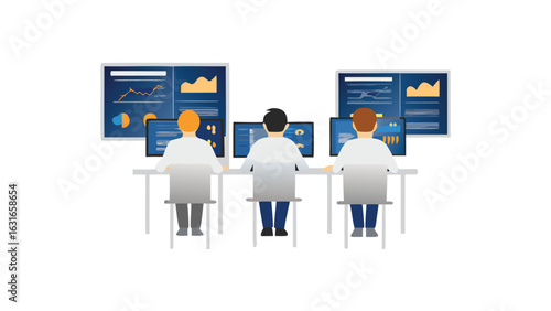 Three people sitting at desks working with data on monitors and large displays in a bright room