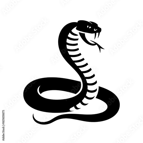 Cobra snake vector illustration. Monochrome king cobra icon, logo, or tattoo design. Striking serpent graphic - black and white reptile drawing.  Wildlife, danger, and power symbol. Single, isolated i