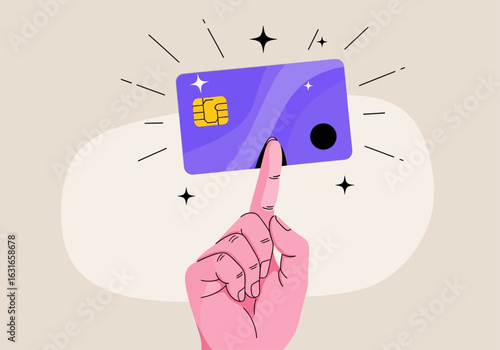 A hand holding a purple credit card with a chip, symbolizing payment and financial transactions
