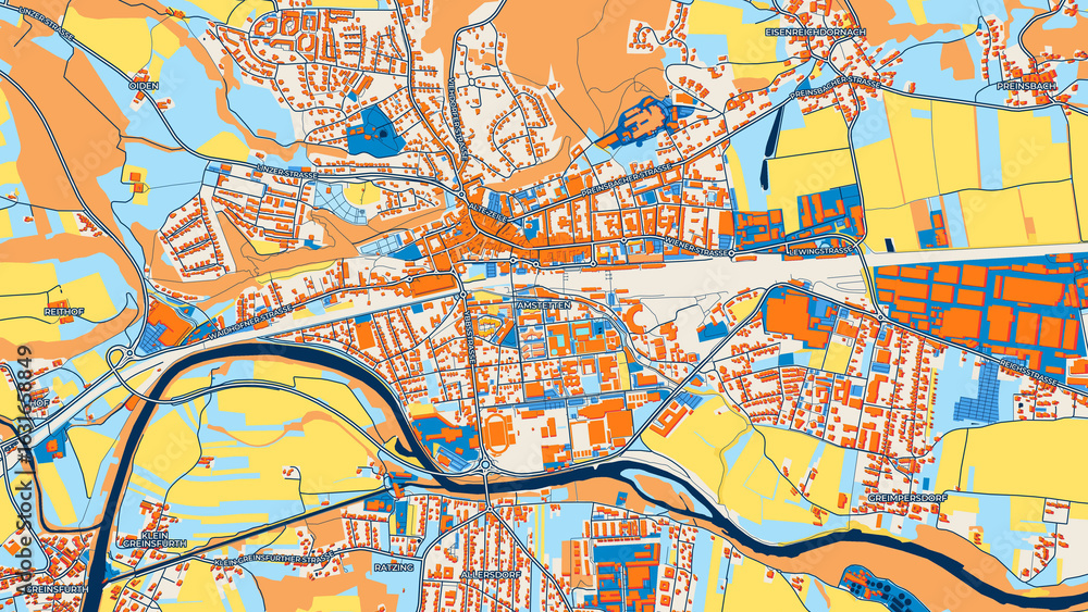 Obraz premium Colorful Amstetten Street Map with Labels and Buildings