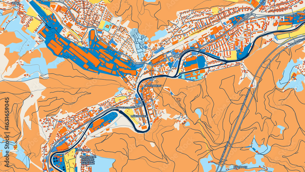 Obraz premium Colorful Kapfenberg Street Map with Labels and Buildings