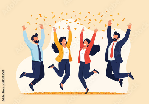 A diverse group of four business professionals jumping for joy with confetti falling around them, celebrating success and teamwork