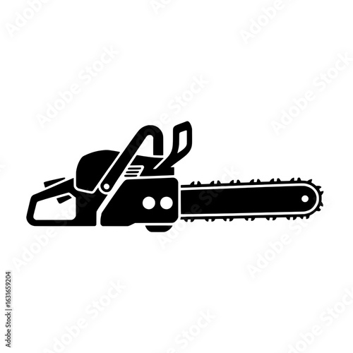Chainsaw vector icon illustration. Black and white silhouette of petrol powered chain saw with sharp teeth. Simple monochrome graphic of forestry, gardening, or woodworking tool. Isolated on white bac
