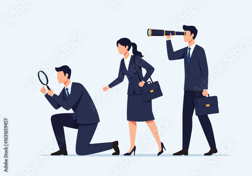 Business people in suits searching and looking forward with magnifying glass and telescope