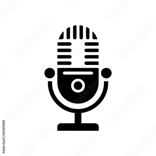 Black and white vector icon of a vintage microphone. Monochrome illustration of audio recording, podcasting, broadcasting, voice, sound and speech. Simple, minimalist design element for music, communi