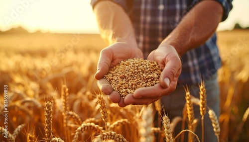 close up hands farmer holding wheat grains on a wheat field