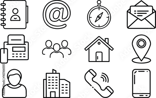 Collection of black and white communication and contact icons for various business applications