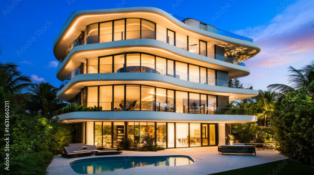 Obraz premium Luxurious modern home designed with fluid lines and glowing interiors. This exquisite property features a shimmering pool under twilight skies.