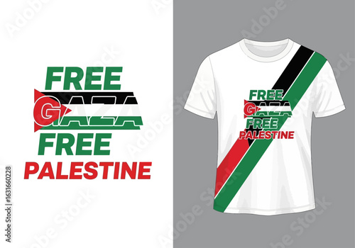 Graphic design and tshirt featuring free gaza free palestine slogan with national flag colors, promoting solidarity and awareness