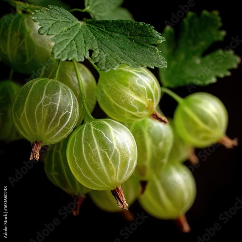 Cluster of translucent green gooseberries with foliage, against a dark, soft-focus background