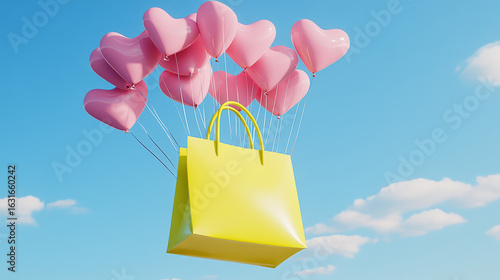 Bright yellow shopping bag lifted by many pink heart balloons. A beautiful symbol of joyful shopping and heartfelt gifts.