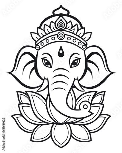 Black outline of Ganesha wearing crown over lotus flower radiates spiritual harmony on white