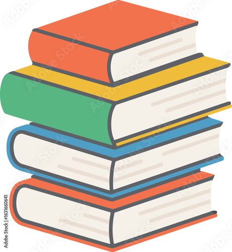 A neatly stacked pile of colorful books, a cartoon illustration representing education, learning, knowledge, and studying.