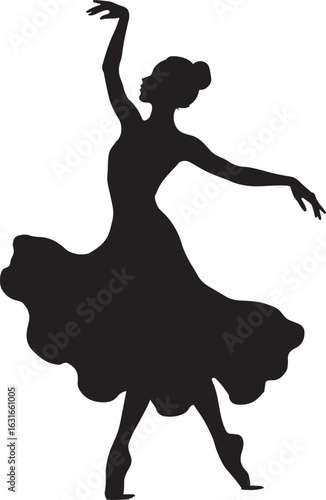A silhouette of a ballerina in mid-spin, elegant line, black vector on white