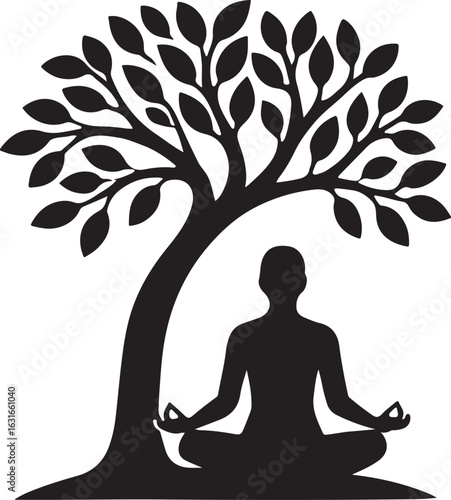 A silhouette of a person meditating under a tree, peaceful scene, minimal vector