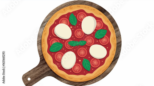 Digital illustration of a classic margherita pizza on a rustic wooden board