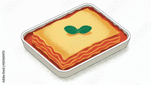 Delicious slice of lasagna in a white baking dish italian cuisine food illustration