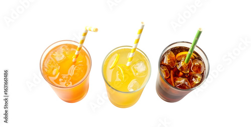 An overhead shot of glasses containing orange soda, lemon-lime soda, and cola drinks, complete with ice and straws, isolated on a white surface.