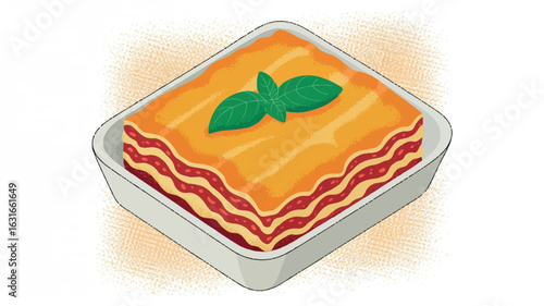 Delicious slice of lasagna in a white baking dish italian food illustration