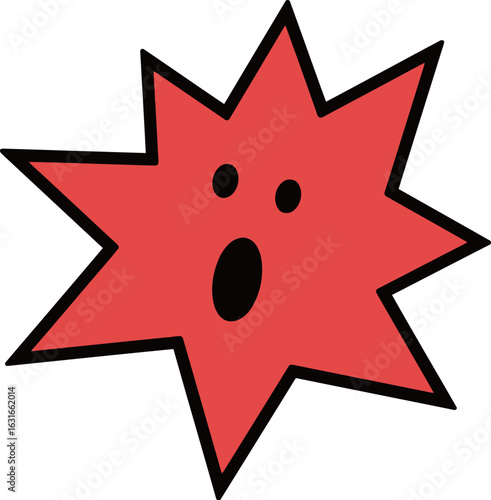A surprised and expressive red starburst with a wide-open mouth, a playful cartoon design representing shock, surprise, and amazement.