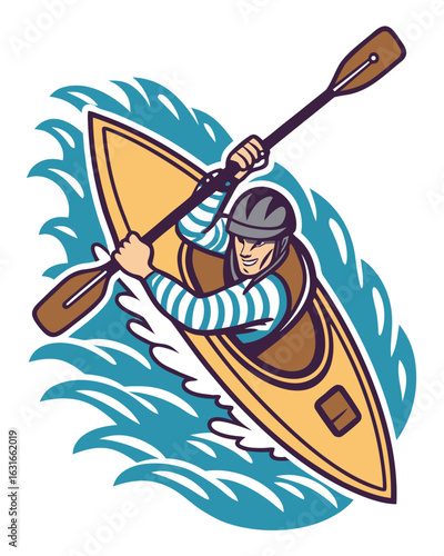 Smiling kayaker paddles through choppy water in his yellow boat wearing safety gear