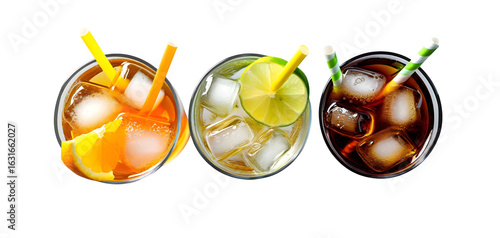 Looking down at glasses of orange soda, lemon-lime soda, and cola drinks, each with ice and straws, placed on a white background.