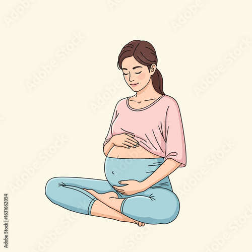 A serene pregnant woman sitting in a meditative pose, lovingly caressing her baby bump with a gentle smile. Prenatal wellness concept.