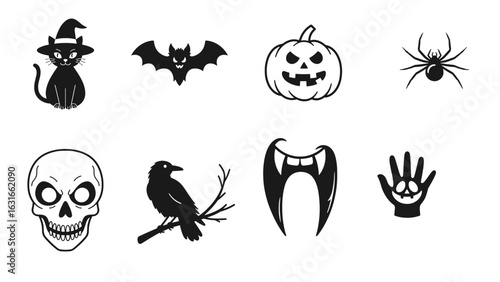 Halloween vector icon set isolated with spooky symbols and creatures  