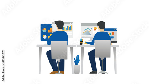 Two individuals analyzing data on computers in an office setting with desks and chairs present in view