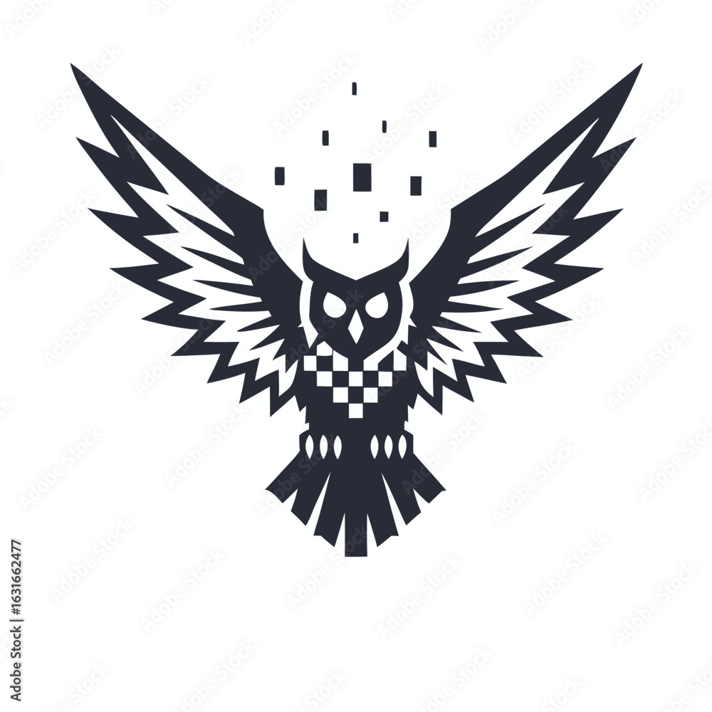 Obraz premium Dark owl with spread wings flies above, embodying pixels against a white backdrop