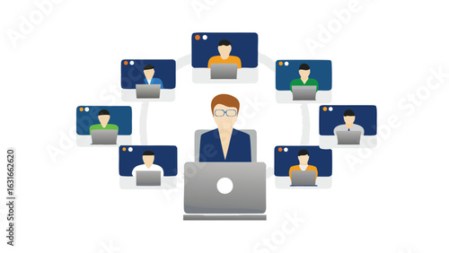 Illustration of a virtual meeting with eight participants using laptops on a white background