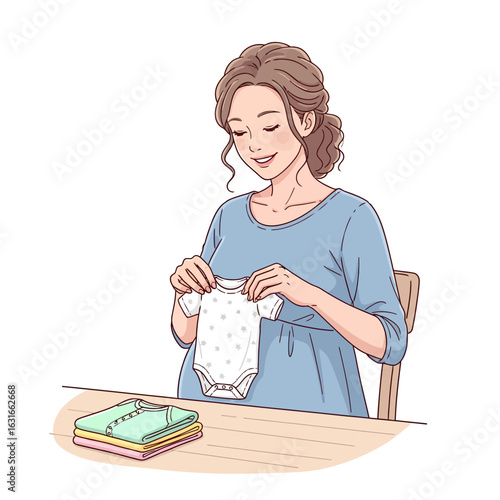 Happy pregnant woman preparing for her newborn's arrival. Joyful expectant mother carefully folding baby clothes and a onesie at a table.