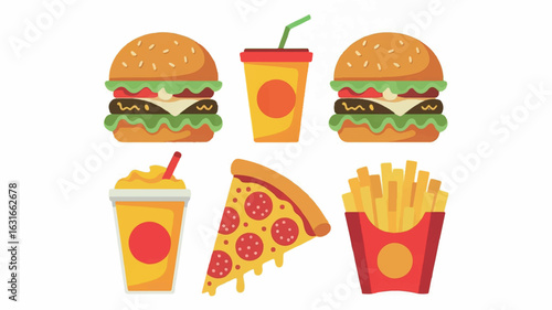 Flat cartoon illustration of six popular fast food items in a grid on white