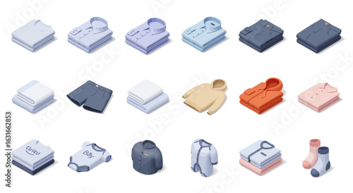 Isometric vector illustration set of neatly folded clothing. Apparel icons for wardrobe, laundry, and retail concepts.