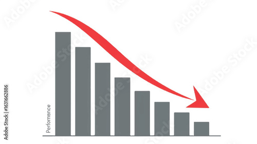 Minimalist bar graph illustrating a downward trend with a prominent red arrow