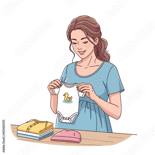 Smiling expectant mother organizing cute baby clothes. Illustration of a pregnant woman getting ready for motherhood's arrival.