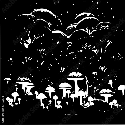 A monochrome illustration of a mushroom patch under a starry sky with dense foliage behind it alluding to night