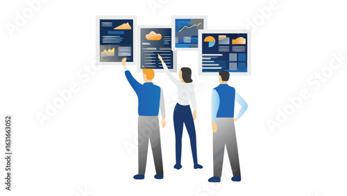 Three people analyzing data charts and graphs on a wall in a business meeting setting shown here