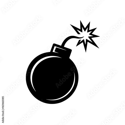 Black and white vector illustration of a classic round bomb with a lit fuse and starburst explosion. Simple, iconic explosive device graphic - monochrome bomb icon, danger symbol, warning sign. Vector