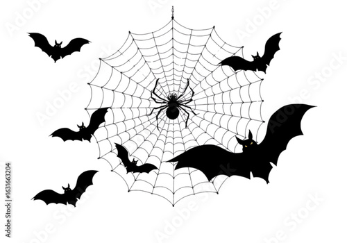 This New Drawing Captures the Spirit of Halloween with a Bold Silhouette of Flying Bats and a Striking Spider Web, Ideal for All Your Spooky Projects.